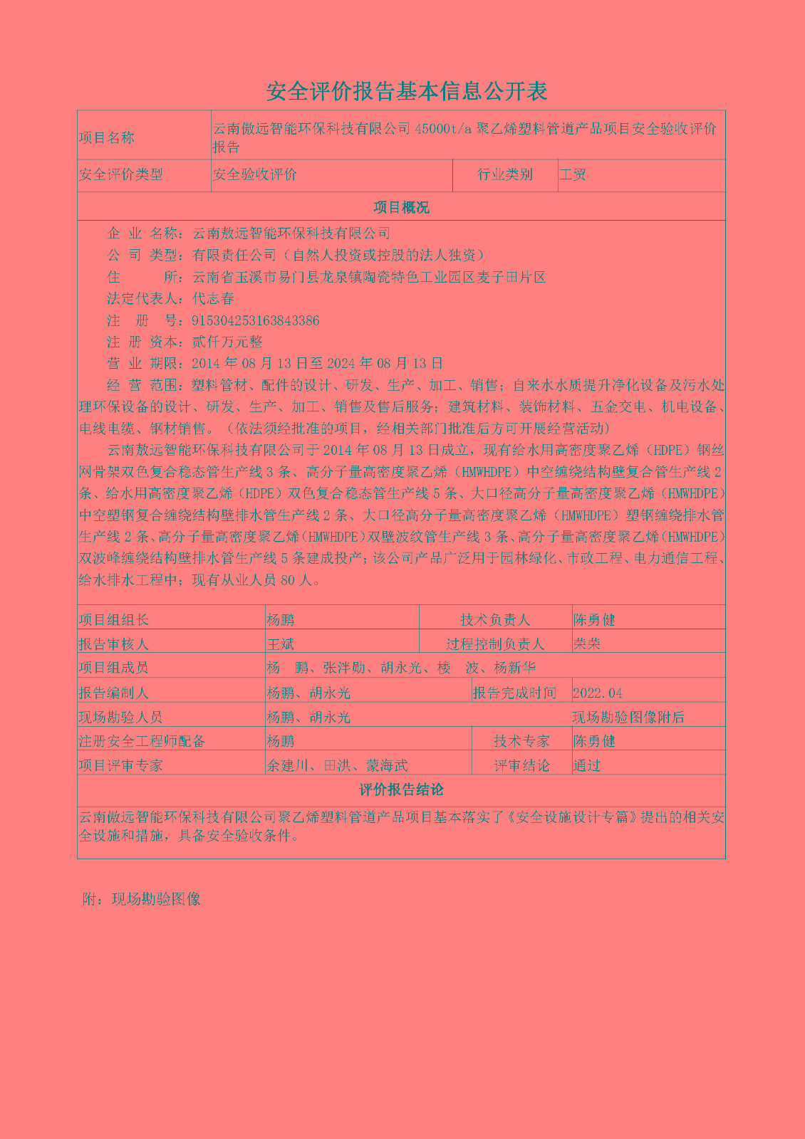 傲远环保验收安全现状评价报告基本信息公开表