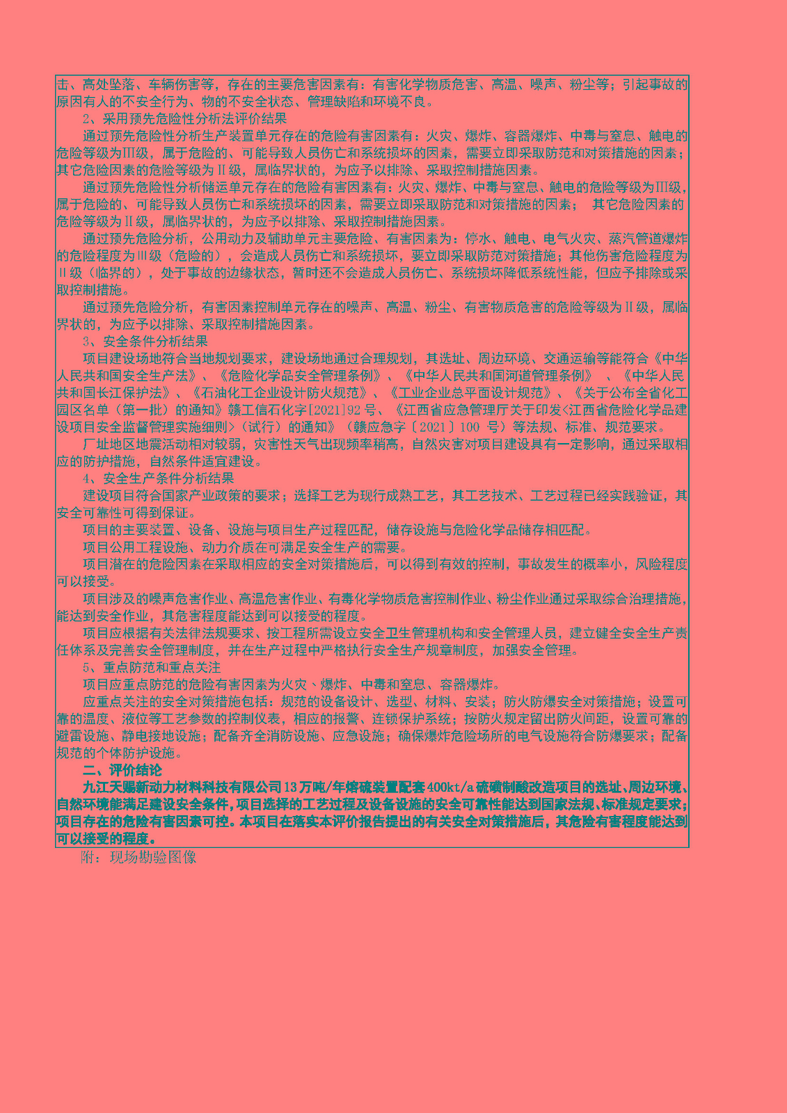 安全评价报告基本信息公开表（九江天赐新动力熔硫项目）