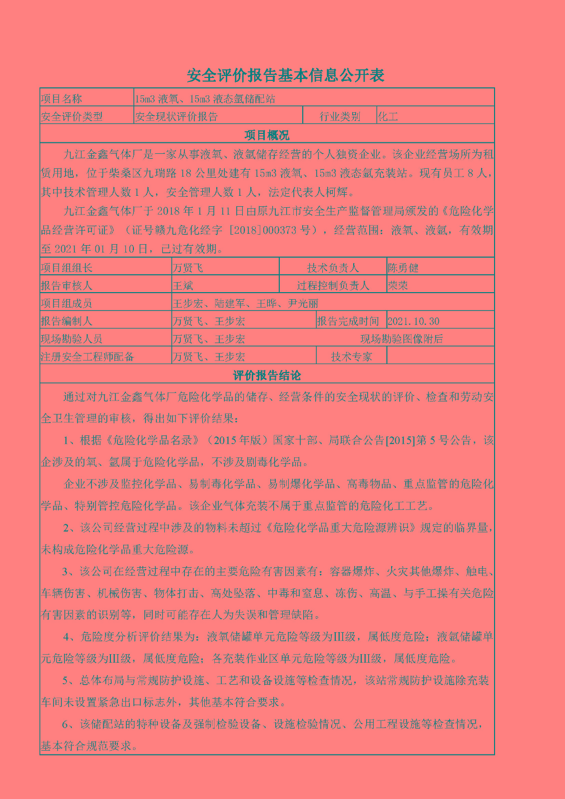 安全评价报告基本信息公开表（九江县金鑫气体厂）