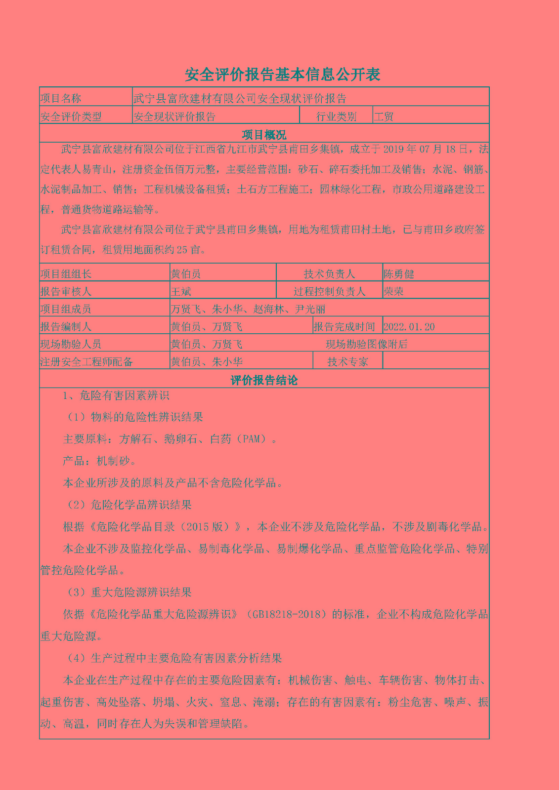 安全评价报告基本信息公开表（武宁县富欣建材有限公司）