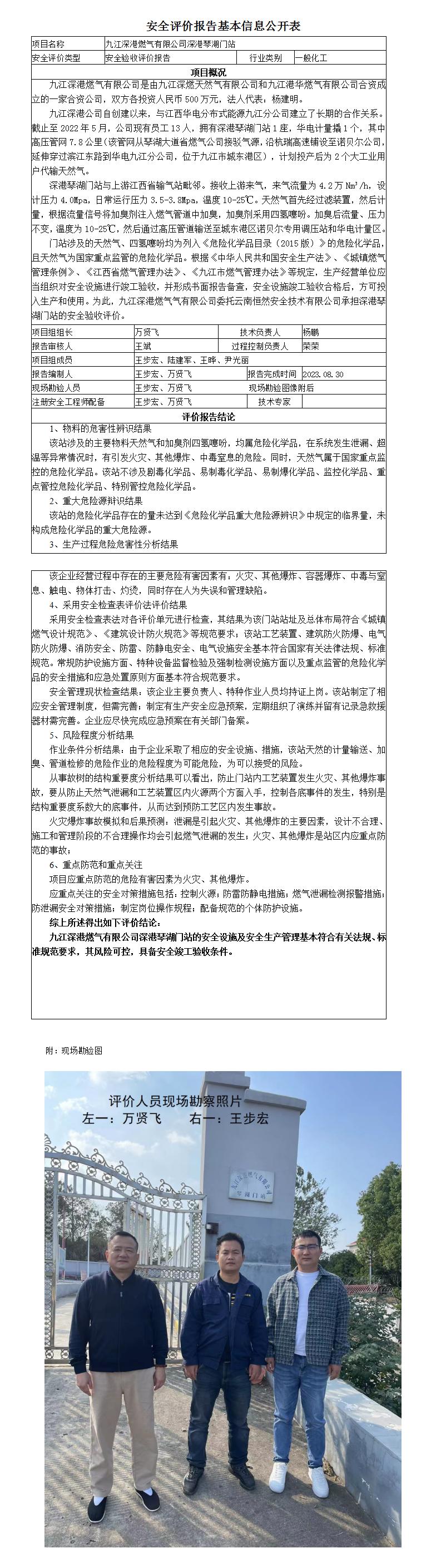 安全评价报告基本信息公开表（九江深港燃气有限限公司）