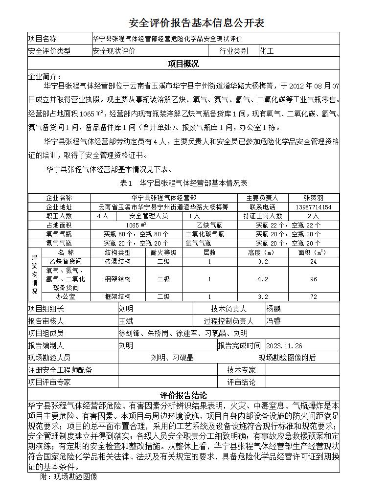 安全评价报告基本信息公开表华宁县张程