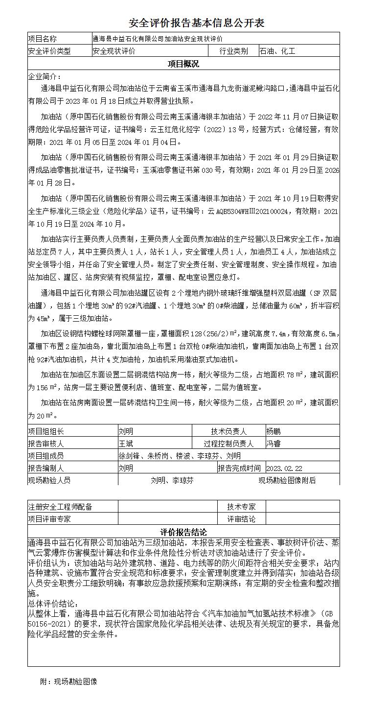安全评价报告基本信息公开表通海县中益石化