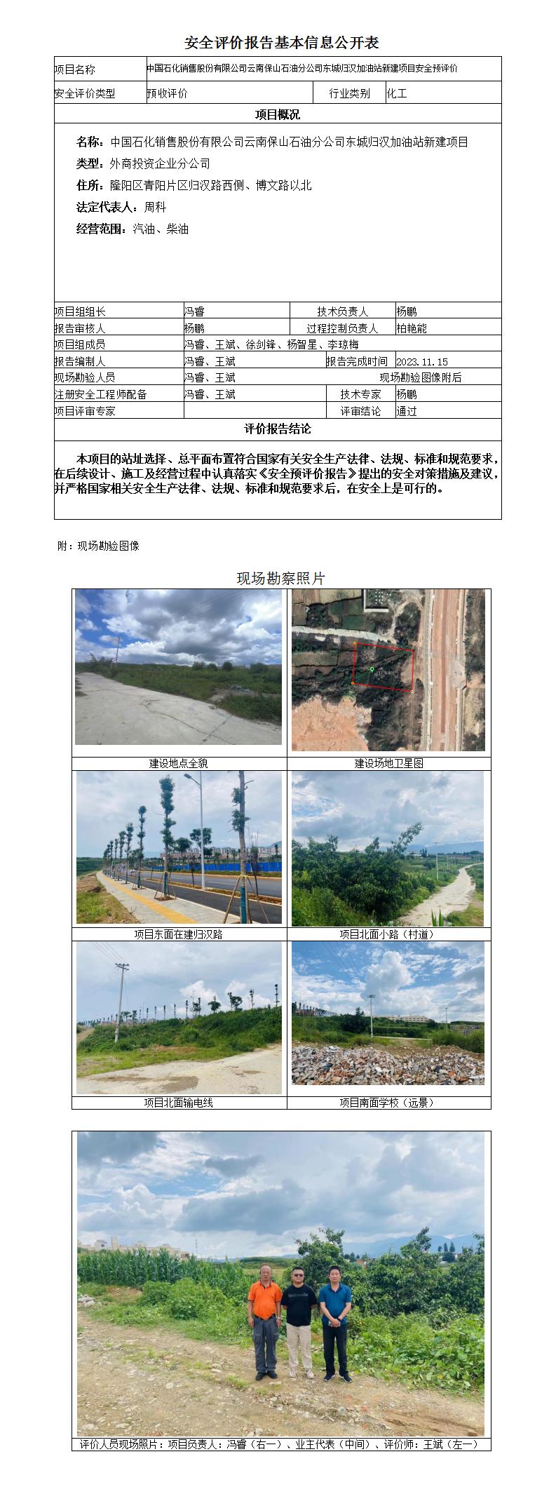 中国石化销售股份有限公司云南保山石油分公司东城归汉加油站新建项目安全预评价报告基本信息公开表