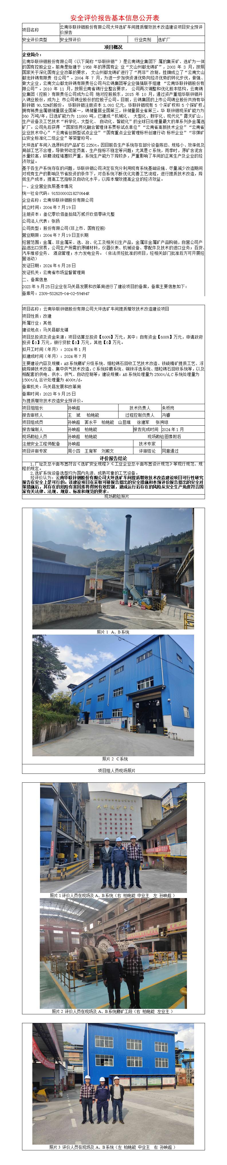 安全评价报告基本信息公开表（大坪选厂预评价）