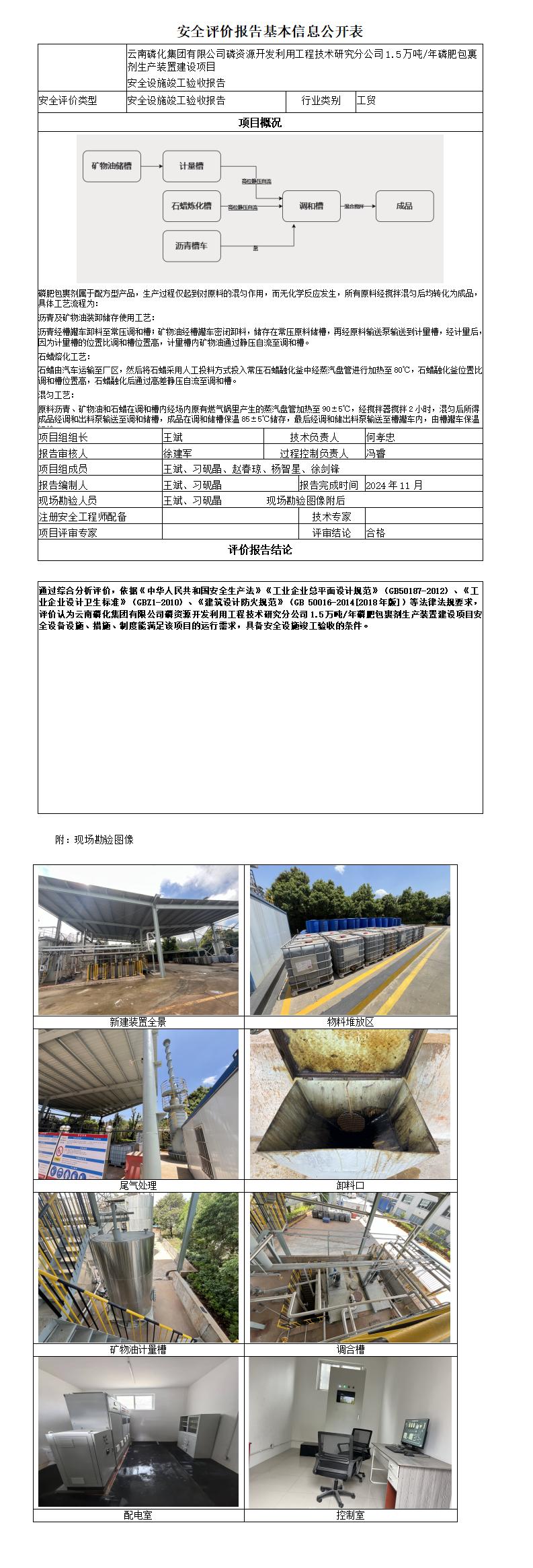 安全评价报告基本信息公开表（磷化集团有限公司磷资源开发利用工程技术研究分公司1.5万吨年磷肥）