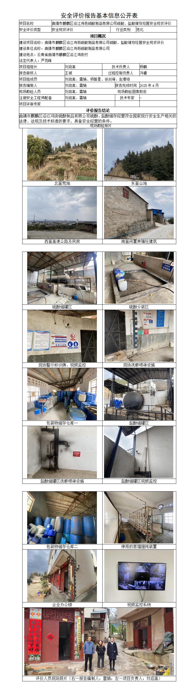 安全评价报告基本信息公开表（麒麟区沿江鸡街硫酸制品硫酸、盐酸储存经营现状）