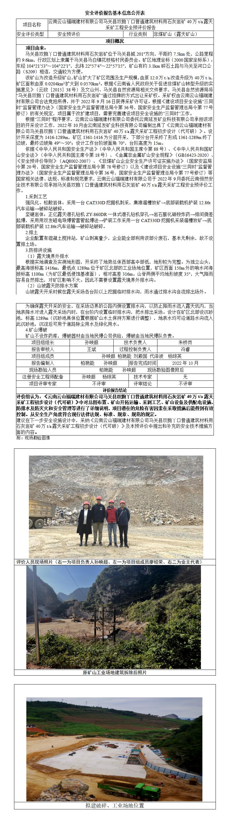 基本信息公开表双胞石灰岩矿露天采矿工程安全预评价报告