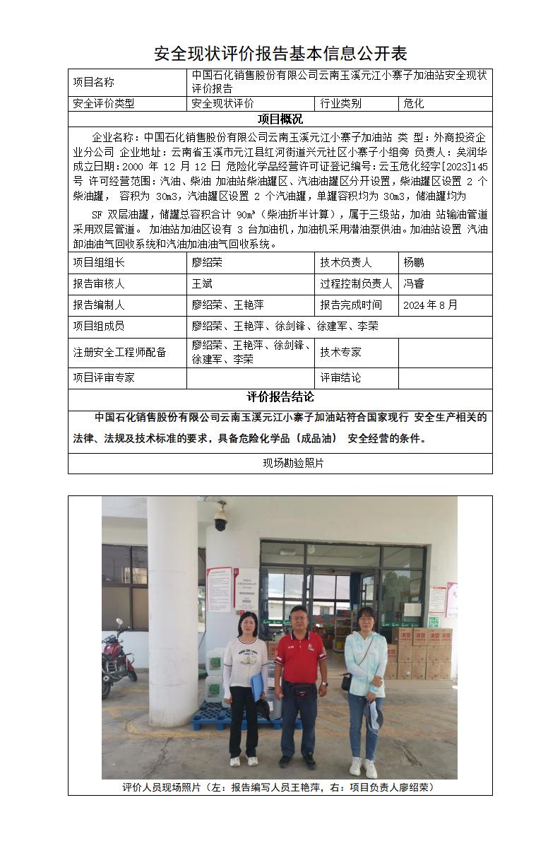 基本信息公开表——元江小寨子加油站安全现状评价报告