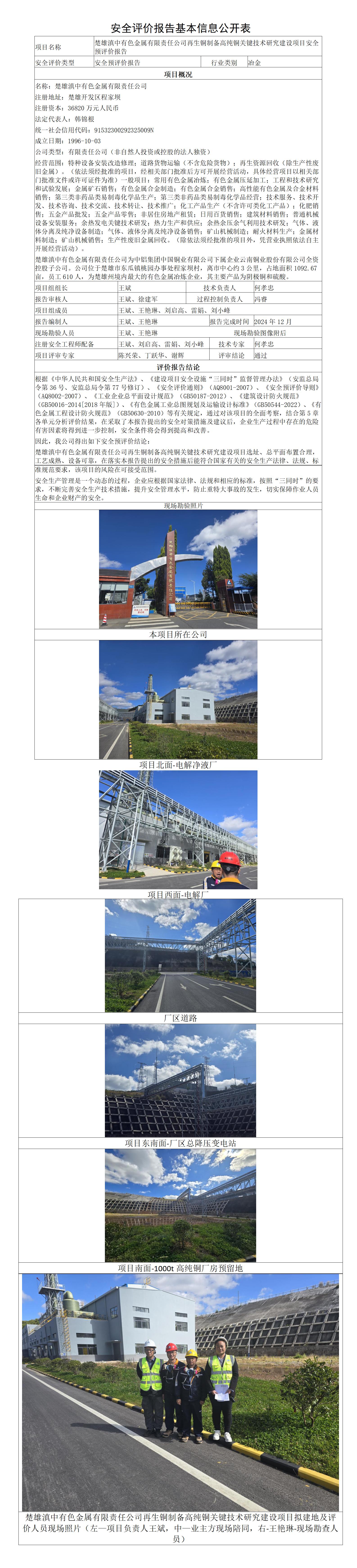 安全评价报告基本信息公开表（调整）-楚雄滇中有色金属有限责任公司再生铜制备高纯铜关键技术研究建设项目安全预评价报告